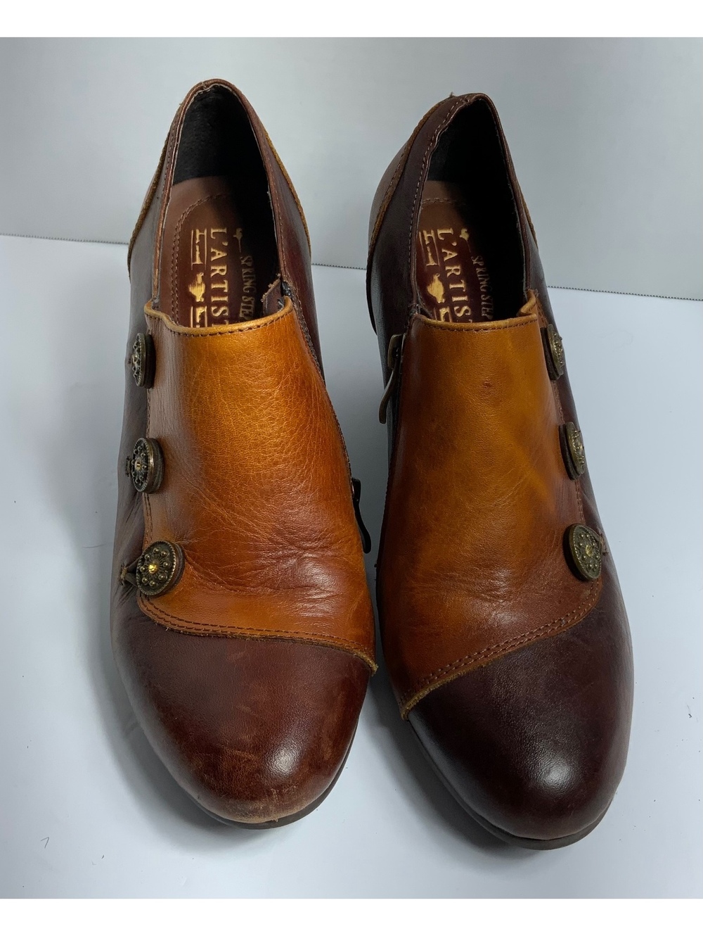 Spring Step L'Artiste Women's Two-Tone Brown Leather Oxford Booties Size 39